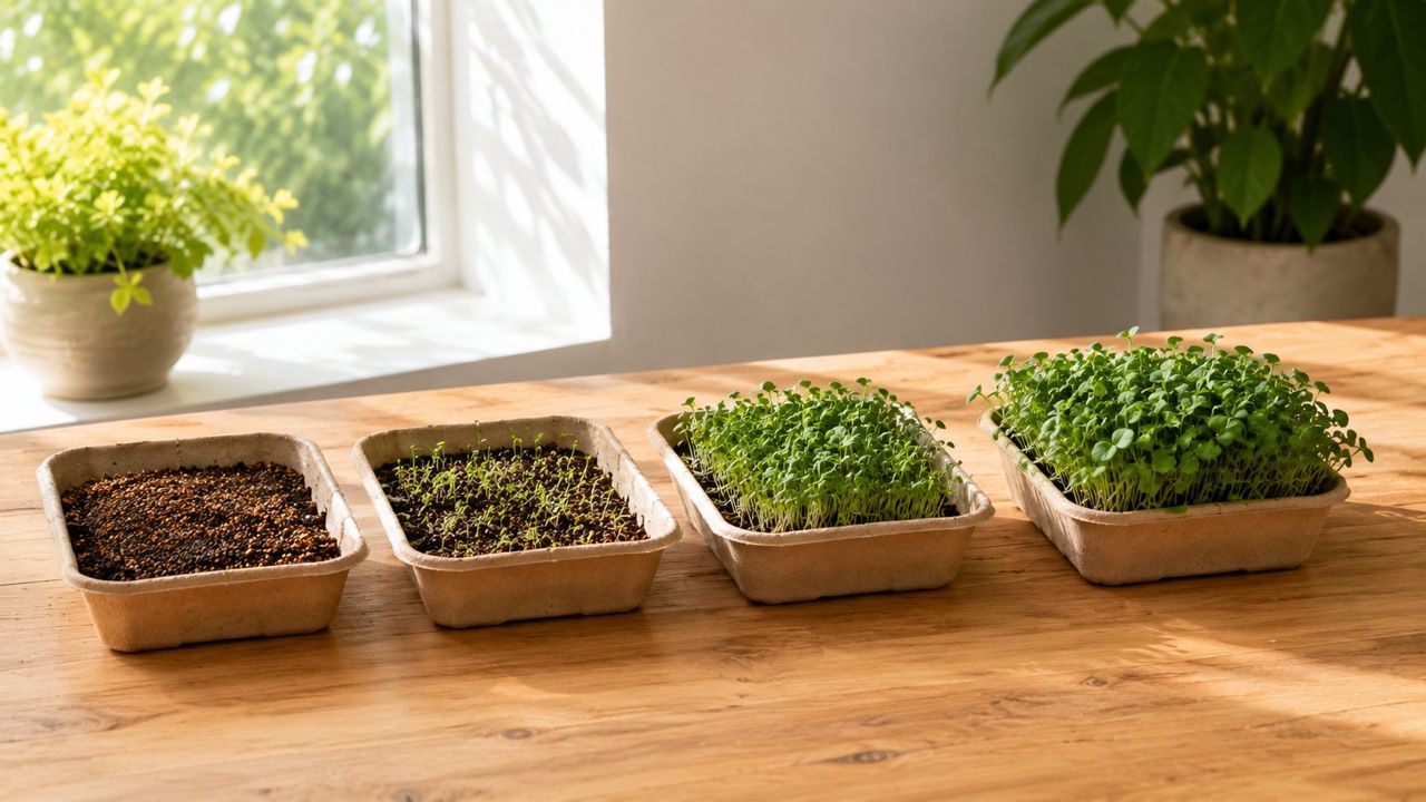 Four biodegradable trays showing microgreens growth stages from seeds to full harvest on a sunny windowsill table