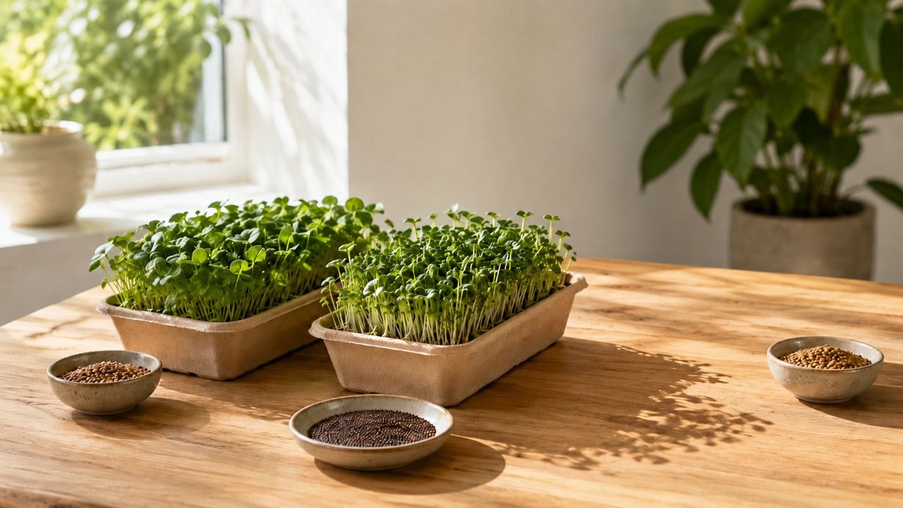 Gutts Grow Kits biodegradable trays full of fresh microgreens with bowls of Non-GMO seeds on a wooden table